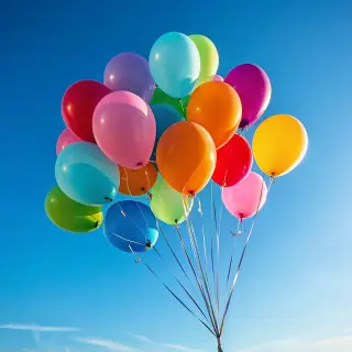 Exactly 11 colorful balloons floating against a clear blue s