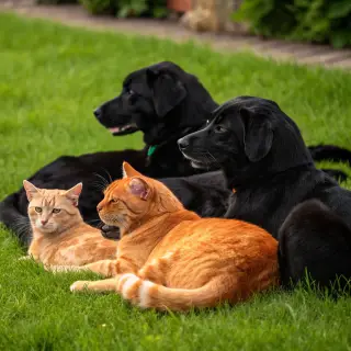 2 orange cats and 3 black dogs sitting together on a grassy 