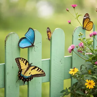 1 blue butterfly and 3 yellow butterflies resting on a garde