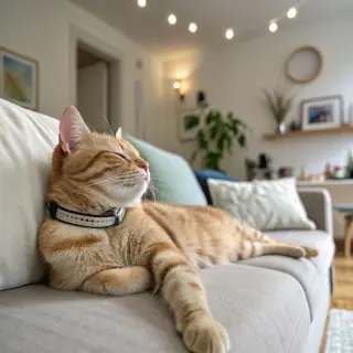 A cat lying on a couch without a collar