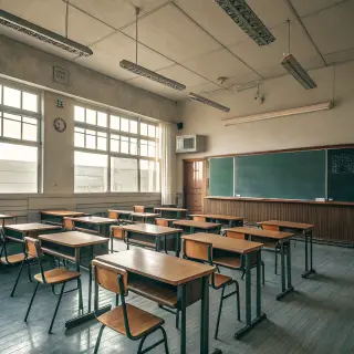 A classroom with desks and a chalkboard but no students