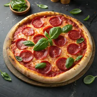 A pepperoni pizza with tomato sauce, basil, and crust but ab