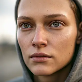 A human face with eyes, nose, and mouth but no eyebrows