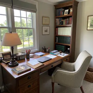 An office workspace with a desk, chair, bookshelf, and lamp 