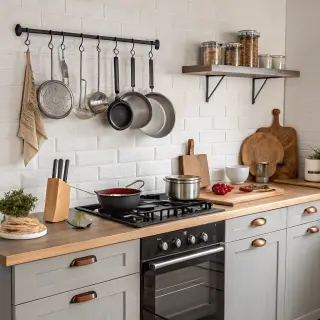 A kitchen with pots, pans, a stove, and a cutting board but 