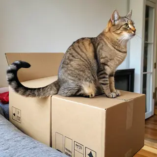 A cat sitting on top of a cardboard box