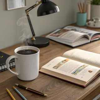 A coffee mug next to an open book on a desk
