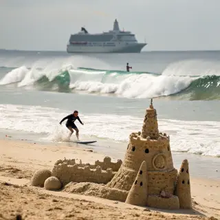 A beach scene with a sandcastle in the foreground, a surfer 
