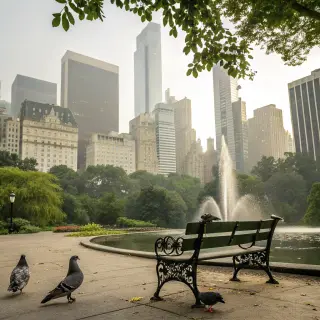 A city park with a park bench and pigeons in the foreground,