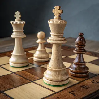 Five chess pieces on a board: a king in the center, a queen 