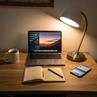 A desk scene: laptop in the center, coffee mug to the left, 