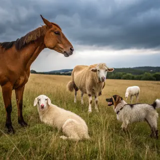 Five animals in a field: a horse on the far left, a cow to t