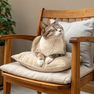 A cat sitting on a pillow, the pillow placed on a wooden cha