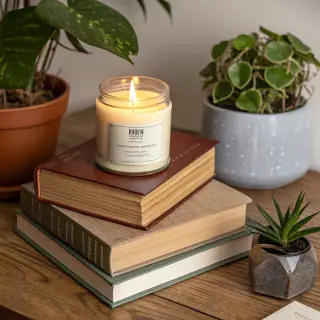 A candle on top of a stack of books, the books next to a pot
