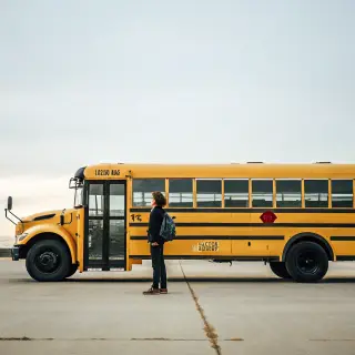 A person standing next to a yellow school bus, showing reali