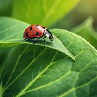 A ladybug sitting on a large green leaf, shown at realistic 