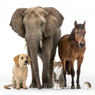 A group photo of an elephant, a horse, a dog, a cat, and a m