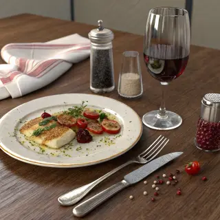 A dinner table scene with a plate, fork, knife, wine glass, 