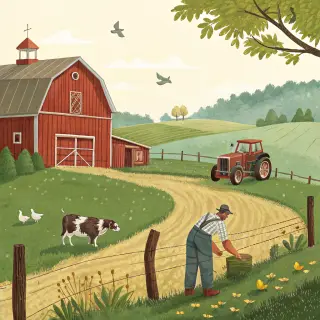 A farm scene with a barn, tractor, farmer, cow, chicken, and