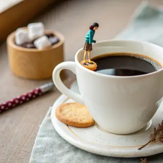 A tiny person standing on the rim of a coffee cup, looking d