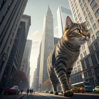 A giant tabby cat walking between city skyscrapers like a ka