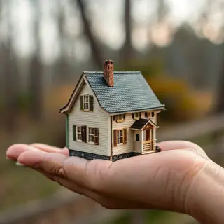 A miniature house sitting on the palm of someone's hand