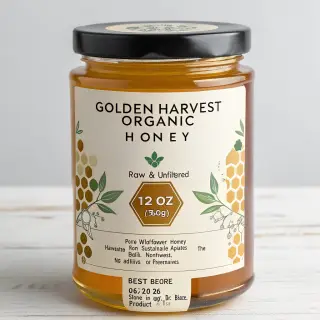 A product label for 'GOLDEN HARVEST ORGANIC HONEY' with subt