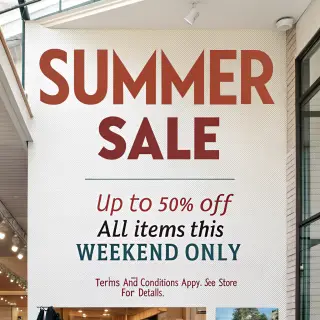 A poster with headline 'SUMMER SALE' in large bold text, bod