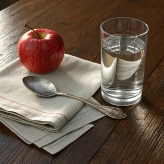 A still life on a wooden table featuring a clear glass of wa