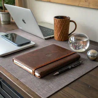 A workspace desk with a brushed aluminum laptop, a leather-b