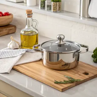A kitchen counter with a stainless steel pot, a wooden cutti