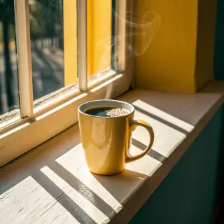 A coffee mug on a sunny windowsill casting a sharp shadow to