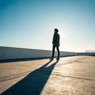 A person standing outdoors at midday with a short shadow dir