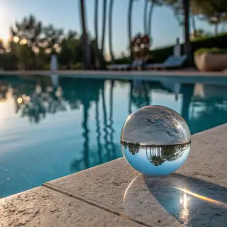 A clear glass sphere sitting on a mirror surface near a pool