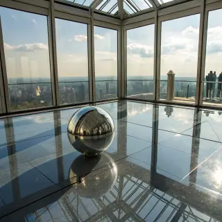 A chrome sculpture in a room with a glass floor and large wi