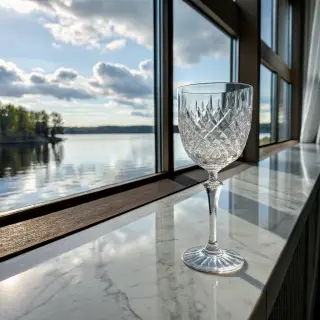A crystal wine glass on a polished marble counter next to a 