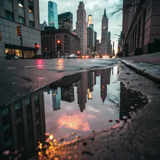 A city skyline reflected in a rain puddle on a street, with 