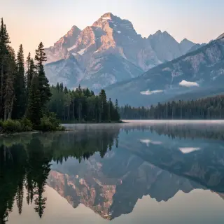 A mountain range reflected in a still alpine lake, with the 