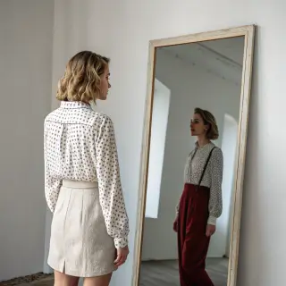 A woman standing in front of a full-length mirror, her refle