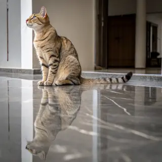 A cat sitting on a polished marble floor with its reflection