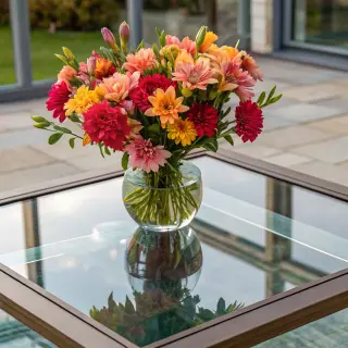 A vase of flowers on a glass table with a clear reflection v