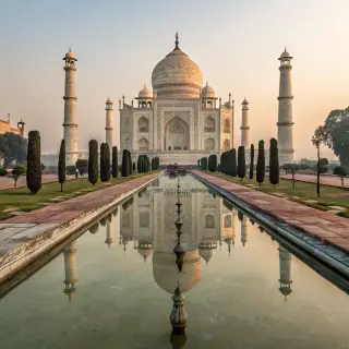 The Taj Mahal in Agra seen from the reflecting pool, with ac