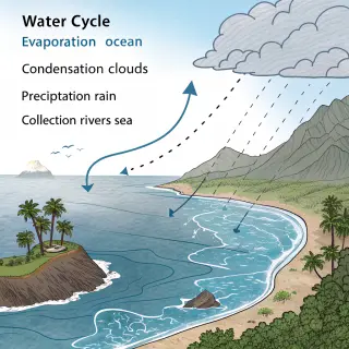 A detailed diagram of the water cycle showing evaporation fr
