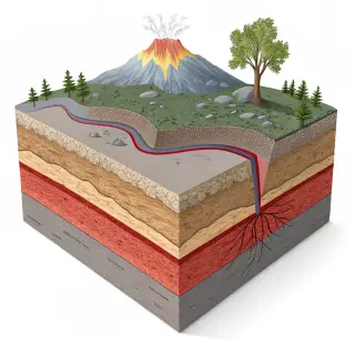 A cross-section showing tectonic plates at a convergent boun