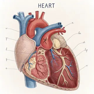 An anatomical illustration of the human heart showing four c