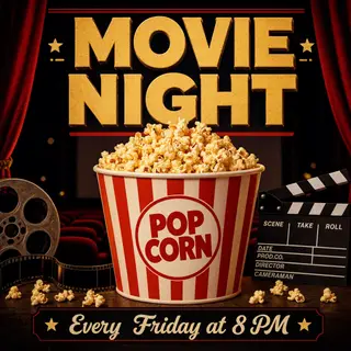A movie night poster with a large popcorn image in the cente