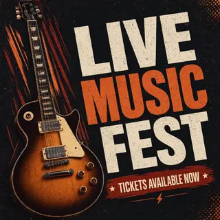 An event poster featuring a guitar illustration, the headlin
