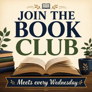 A book club poster with an open book illustration, the title