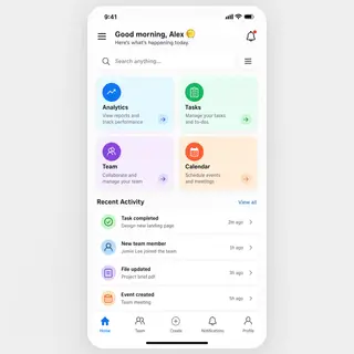 A mobile app UI mockup showing a dashboard with a top naviga