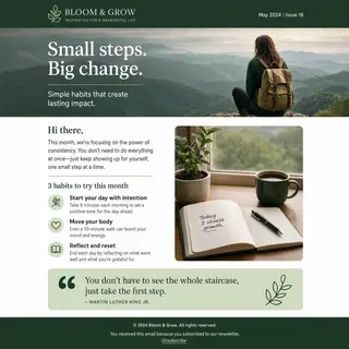 A newsletter layout with a banner image header, a two-column